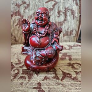 Vintage Asian Sitting Laughing Buddha Idol Dark Resin Figurine 6" Tall